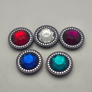 Set of 5 Jeweled Button Covers Multicolor Faceted Acrylic Black Silver Tone